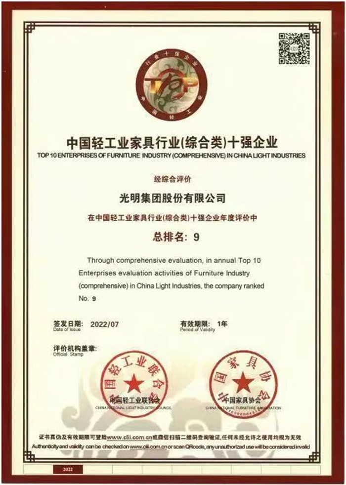 喜报！pg电子官方网站入选“中国轻工业家具行业十强企业”